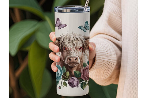 Highland Cow Floral 20oz Tumbler Wrap Sublimation DesignSVG 