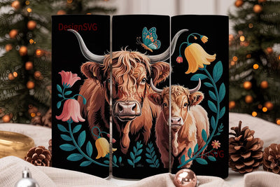 Highland Cow Floral 20oz Tumbler Wrap Sublimation DesignSVG 