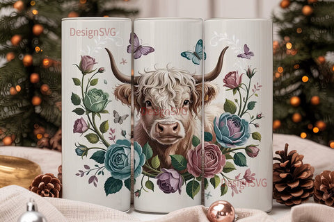 Highland Cow Floral 20oz Tumbler Wrap Sublimation DesignSVG 