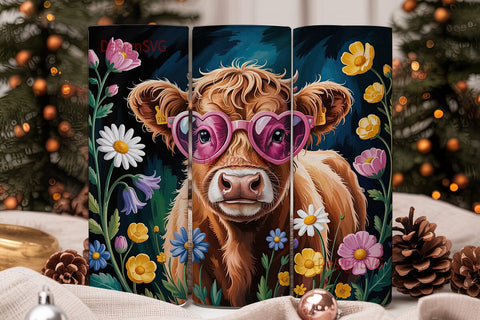Highland Cow Floral 20oz Tumbler Wrap Sublimation DesignSVG 