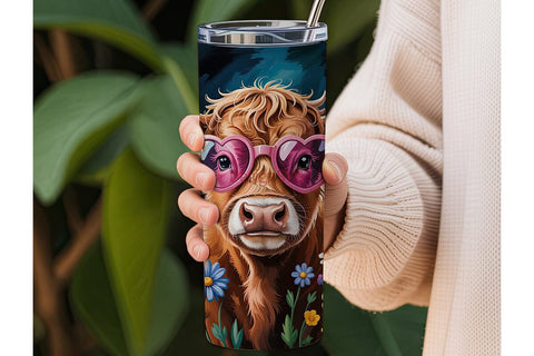 Highland Cow Floral 20oz Tumbler Wrap Sublimation DesignSVG 