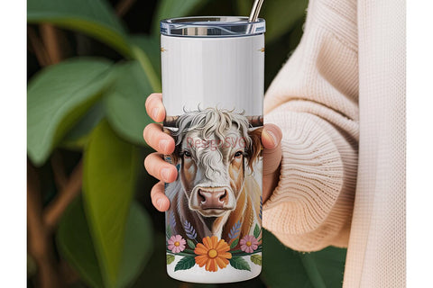 Highland Cow Floral 20oz Tumbler Wrap Sublimation DesignSVG 