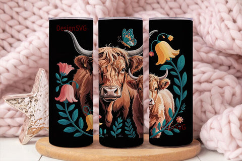 Highland Cow Floral 20oz Tumbler Wrap Sublimation DesignSVG 