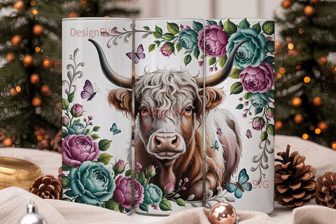 Highland Cow Floral 20oz Tumbler Wrap Sublimation DesignSVG 