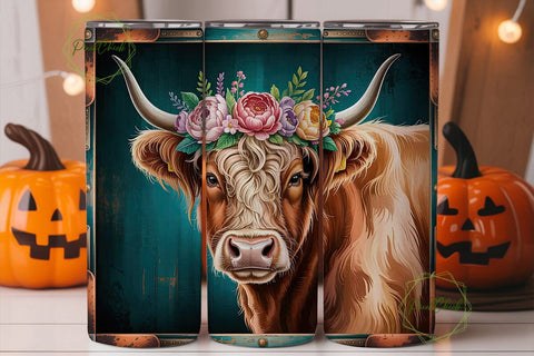 Highland Cow Floral 20oz Tumbler Wrap Sublimation PixelChick 
