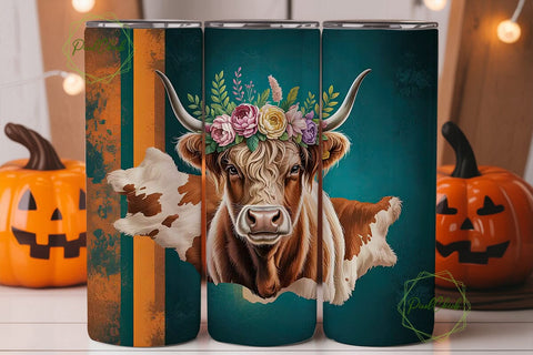 Highland Cow Floral 20oz Tumbler Wrap Sublimation PixelChick 