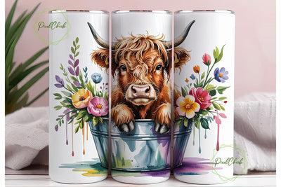 Highland Cow Floral 20oz Tumbler Wrap Sublimation PixelChick 