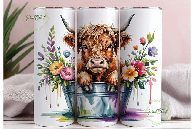 Highland Cow Floral 20oz Tumbler Wrap Sublimation PixelChick 