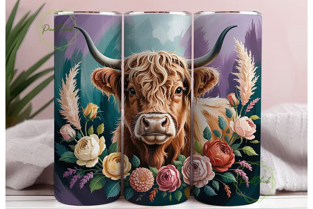 Highland Cow Floral 20oz Tumbler Wrap Sublimation PixelChick 