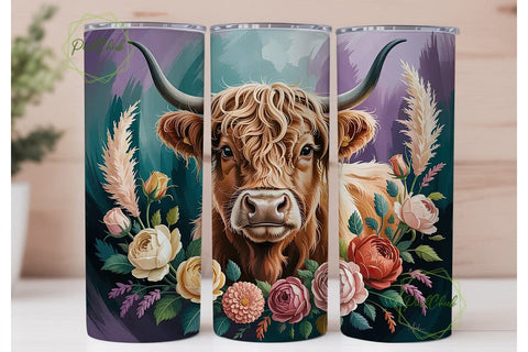 Highland Cow Floral 20oz Tumbler Wrap Sublimation PixelChick 