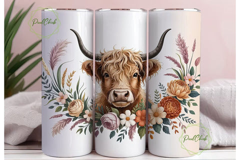 Highland Cow Floral 20oz Tumbler Wrap Sublimation PixelChick 