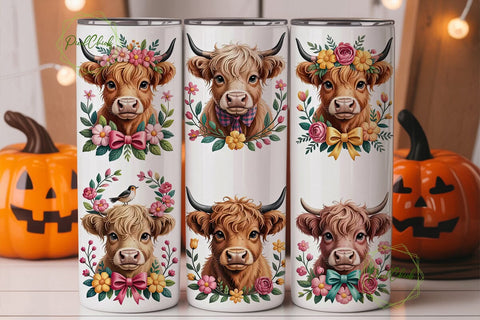 Highland Cow Floral 20oz Tumbler Wrap Sublimation PixelChick 