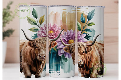 Highland Cow Floral 20oz Tumbler Wrap Sublimation PixelChick 