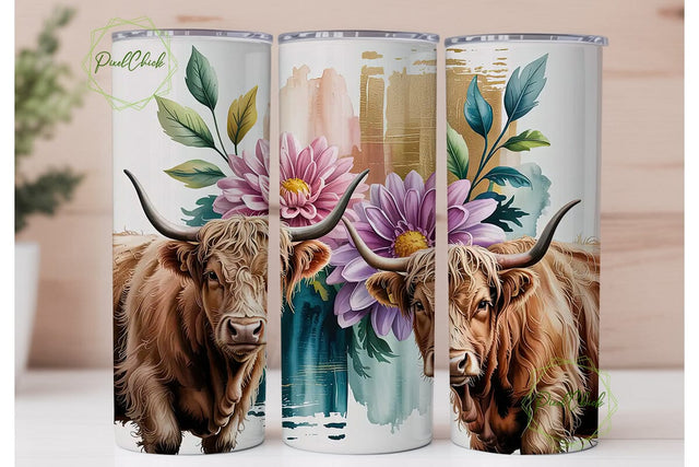 Highland Cow Floral 20oz Tumbler Wrap Sublimation PixelChick 