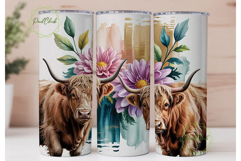 Highland Cow Floral 20oz Tumbler Wrap Sublimation PixelChick 