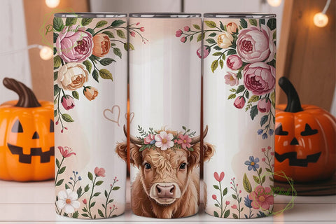 Highland Cow Floral 20oz Tumbler Wrap Sublimation PixelChick 