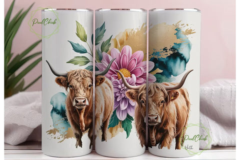 Highland Cow Floral 20oz Tumbler Wrap Sublimation PixelChick 