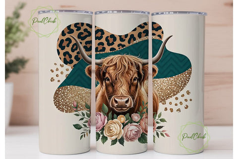 Highland Cow Floral 20oz Tumbler Wrap Sublimation PixelChick 