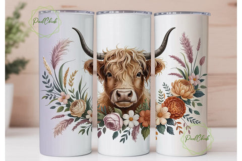 Highland Cow Floral 20oz Tumbler Wrap Sublimation PixelChick 