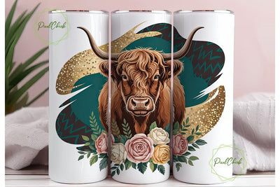 Highland Cow Floral 20oz Tumbler Wrap Sublimation PixelChick 