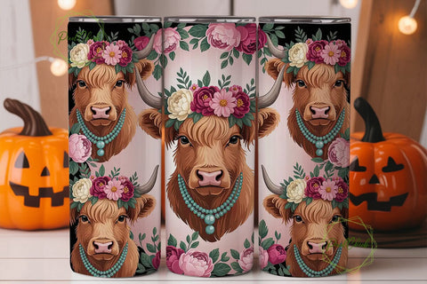 Highland Cow Floral 20oz Tumbler Wrap Sublimation PixelChick 