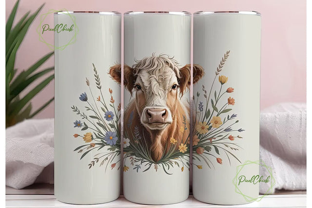 Highland Cow Floral 20oz Tumbler Wrap Sublimation PixelChick 