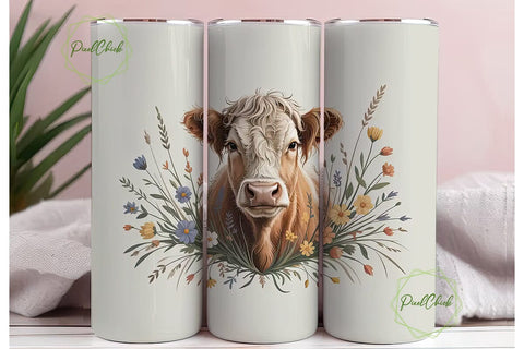 Highland Cow Floral 20oz Tumbler Wrap Sublimation PixelChick 