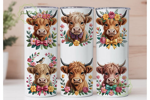 Highland Cow Floral 20oz Tumbler Wrap Sublimation PixelChick 