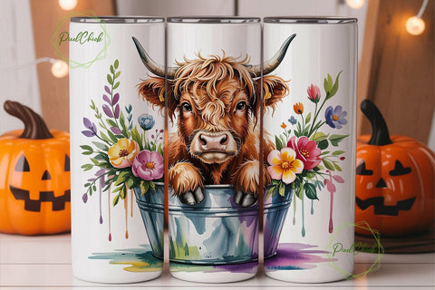 Highland Cow Floral 20oz Tumbler Wrap Sublimation PixelChick 