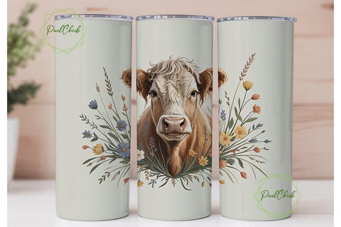 Highland Cow Floral 20oz Tumbler Wrap Sublimation PixelChick 