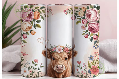 Highland Cow Floral 20oz Tumbler Wrap Sublimation PixelChick 