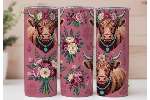 Highland Cow Floral 20oz Tumbler Wrap Sublimation PixelChick 