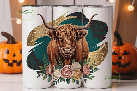 Highland Cow Floral 20oz Tumbler Wrap Sublimation PixelChick 