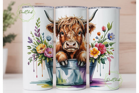 Highland Cow Floral 20oz Tumbler Wrap Sublimation PixelChick 