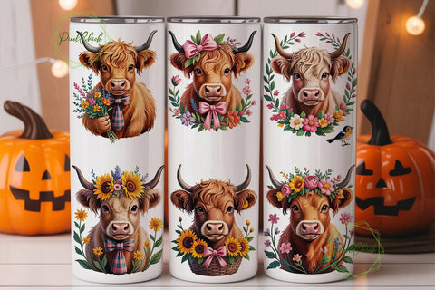 Highland Cow Floral 20oz Tumbler Wrap Sublimation PixelChick 