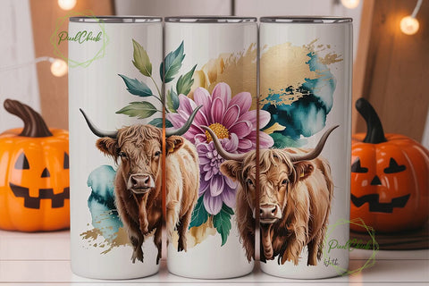 Highland Cow Floral 20oz Tumbler Wrap Sublimation PixelChick 