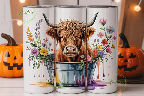 Highland Cow Floral 20oz Tumbler Wrap Sublimation PixelChick 