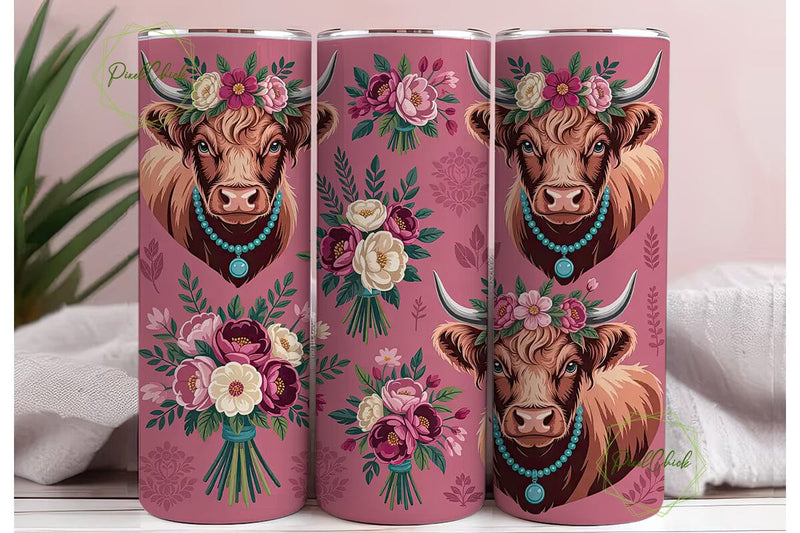 Highland Cow Floral 20oz Tumbler Wrap Sublimation PixelChick 