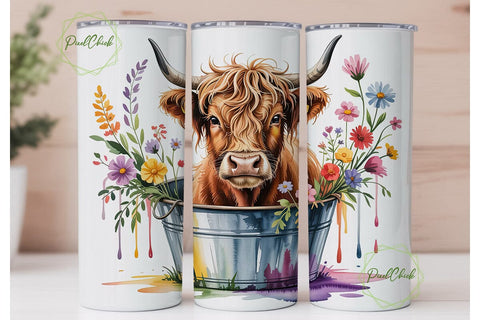 Highland Cow Floral 20oz Tumbler Wrap Sublimation PixelChick 