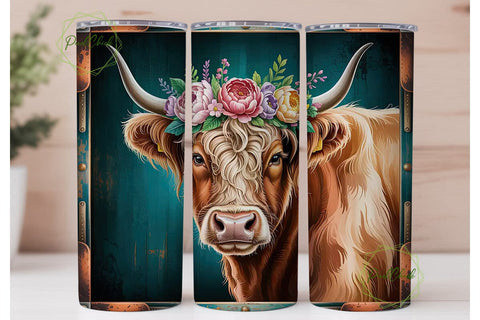 Highland Cow Floral 20oz Tumbler Wrap Sublimation PixelChick 