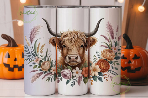 Highland Cow Floral 20oz Tumbler Wrap Sublimation PixelChick 