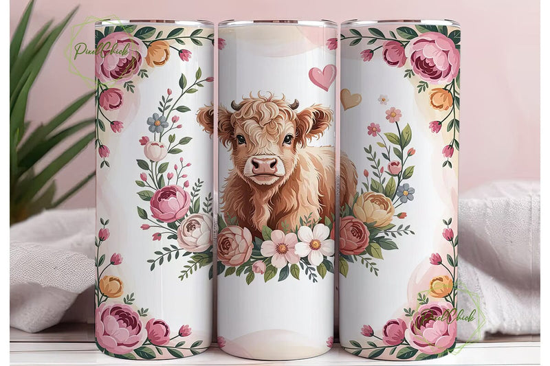 Highland Cow Floral 20oz Tumbler Wrap Sublimation PixelChick 