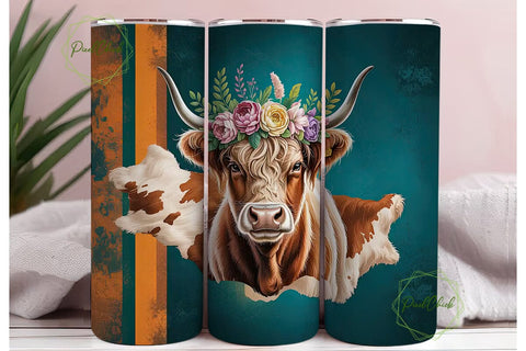Highland Cow Floral 20oz Tumbler Wrap Sublimation PixelChick 