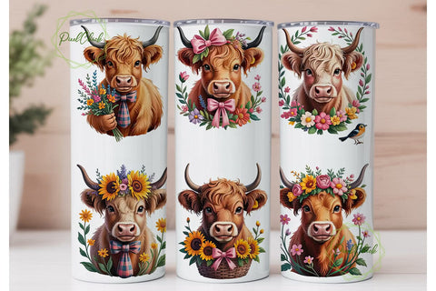 Highland Cow Floral 20oz Tumbler Wrap Sublimation PixelChick 