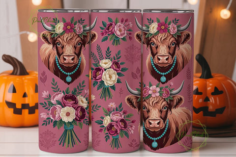 Highland Cow Floral 20oz Tumbler Wrap Sublimation PixelChick 