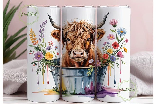 Highland Cow Floral 20oz Tumbler Wrap Sublimation PixelChick 