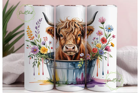 Highland Cow Floral 20oz Tumbler Wrap Sublimation PixelChick 