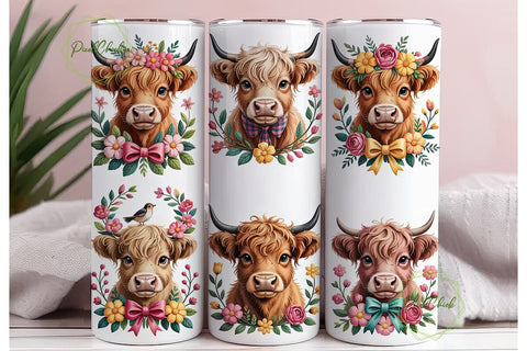 Highland Cow Floral 20oz Tumbler Wrap Sublimation PixelChick 