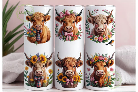 Highland Cow Floral 20oz Tumbler Wrap Sublimation PixelChick 