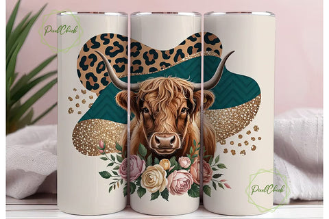 Highland Cow Floral 20oz Tumbler Wrap Sublimation PixelChick 